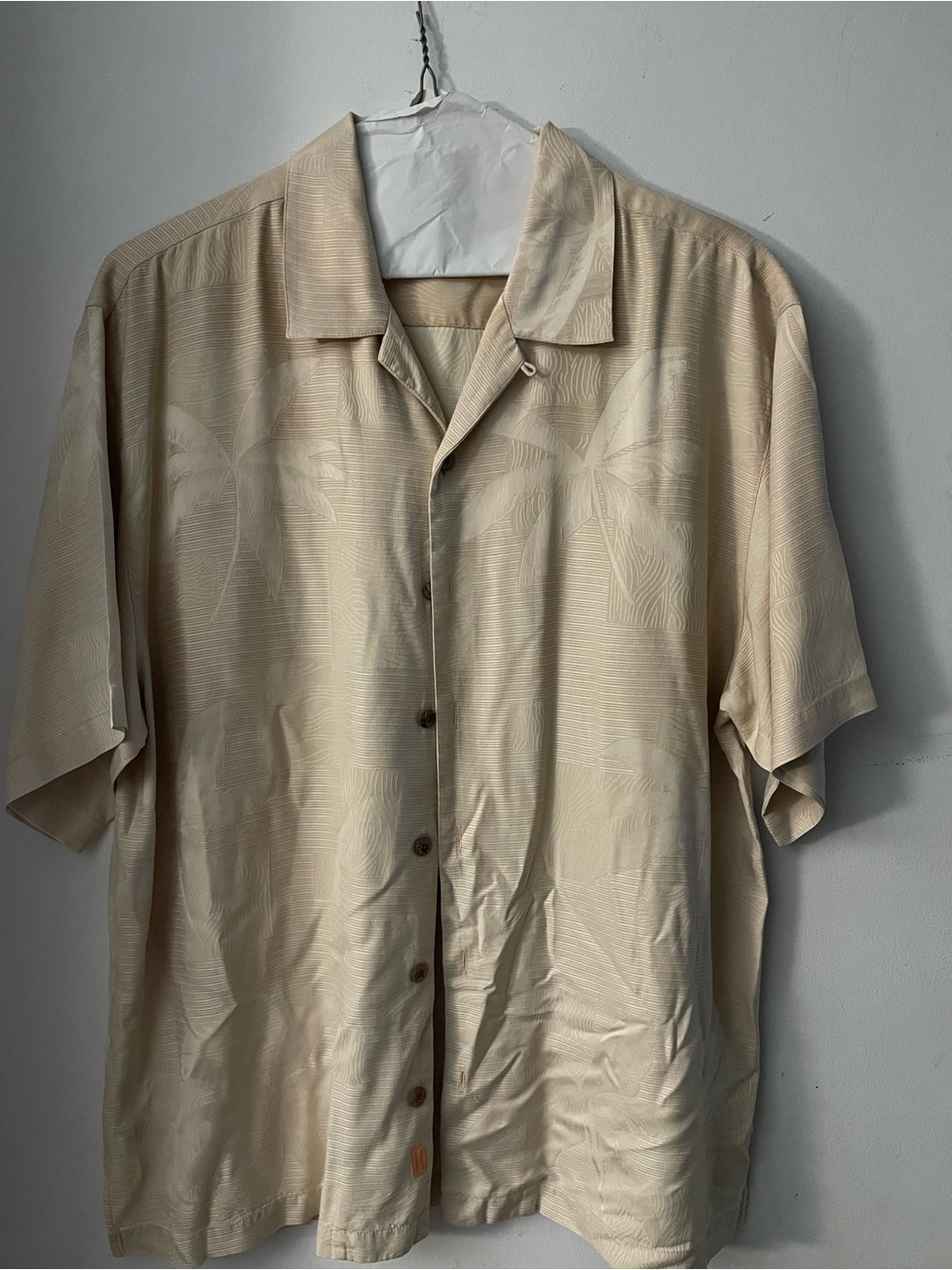 Tommy Bahama Light Beige Palm-Print Short Sleeve Button Shirt Large